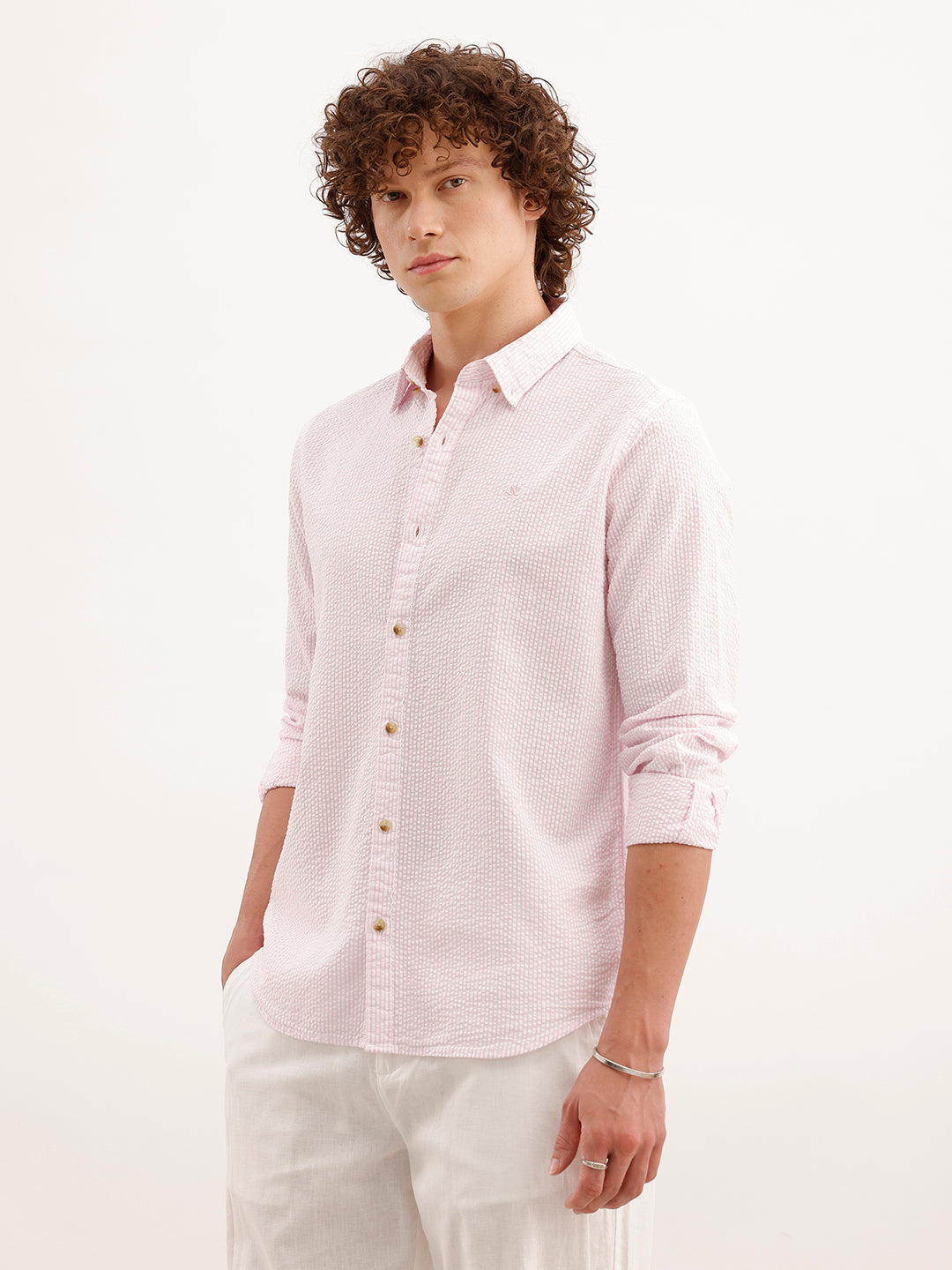 Slim Fit Textured Striped Shirt  | Pink