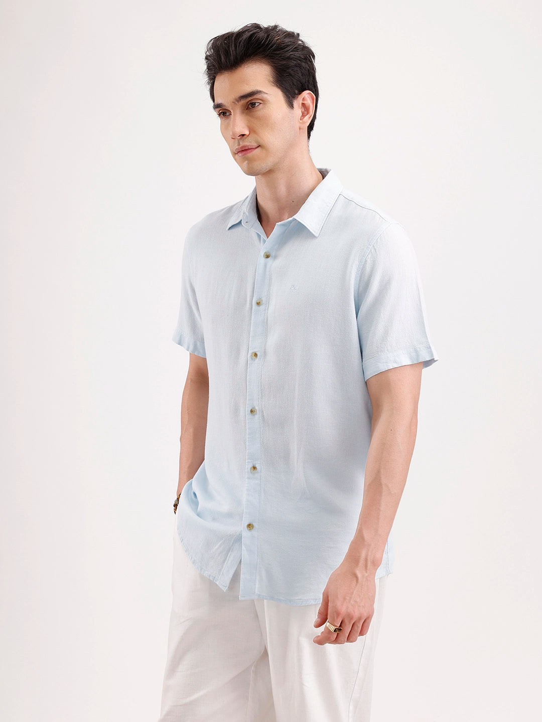 Slim Fit Half Sleeve Linen Blend Shirt  | Light Blue