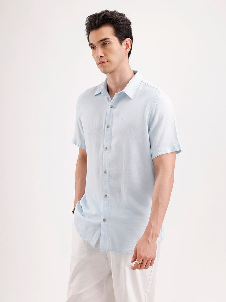 Slim Fit Half Sleeve Linen Blend Shirt  | Light Blue