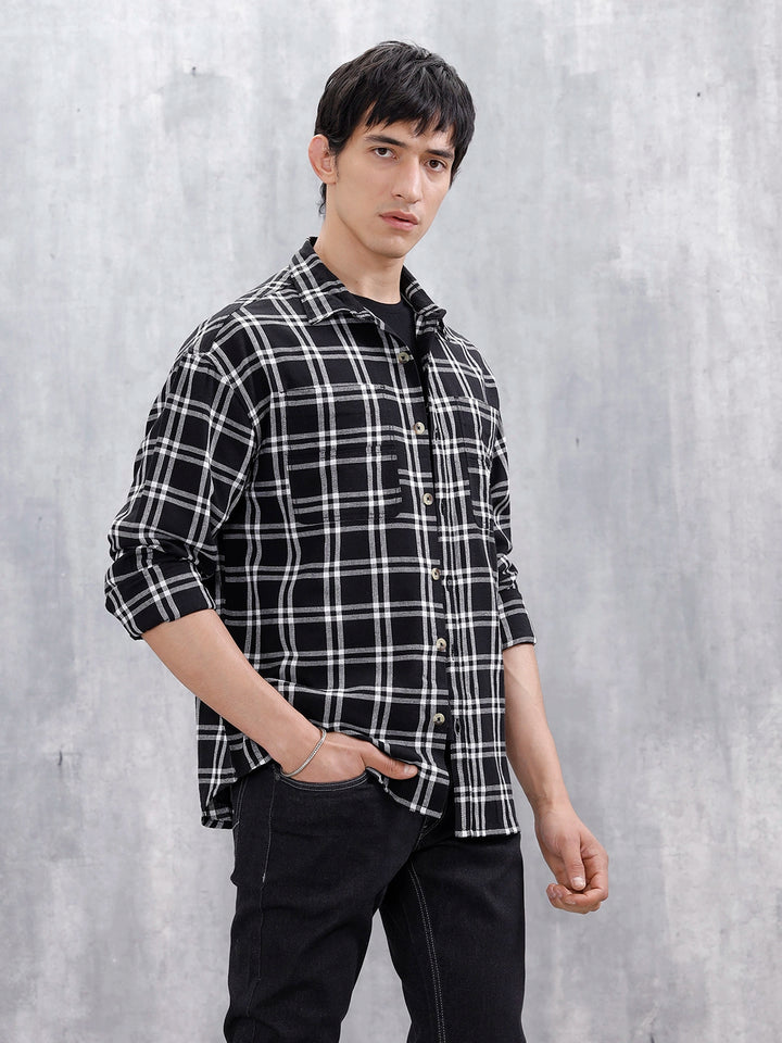 Casual Oversized Fit Checkered Pattern Shirt | Black