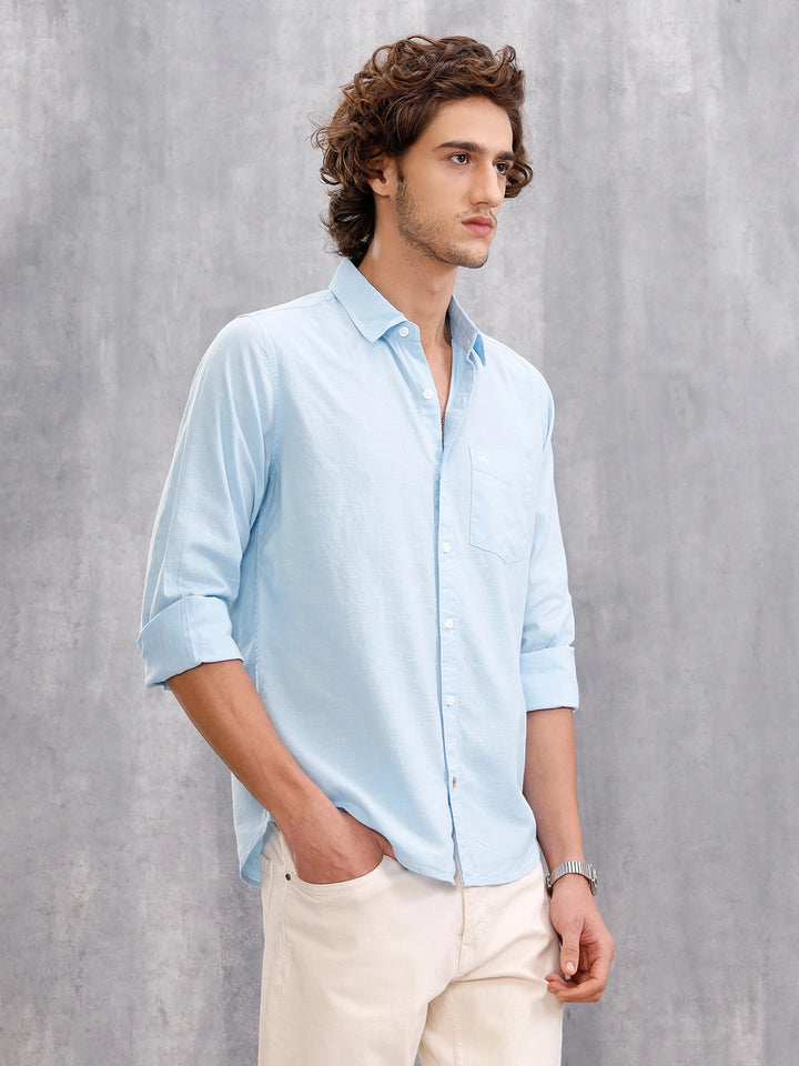 Solid Cotton Slub Slim Fit Causal Look Shirt | Light Blue