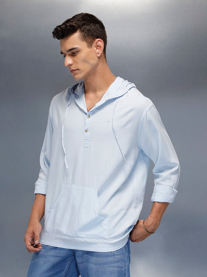 Men's slim fit casual hooded shirt | Blue