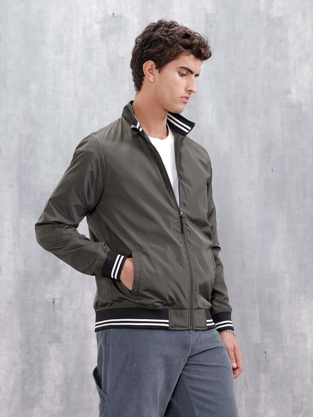 Men's Casual Zip-Up Jacket With Contrast Trim | Green