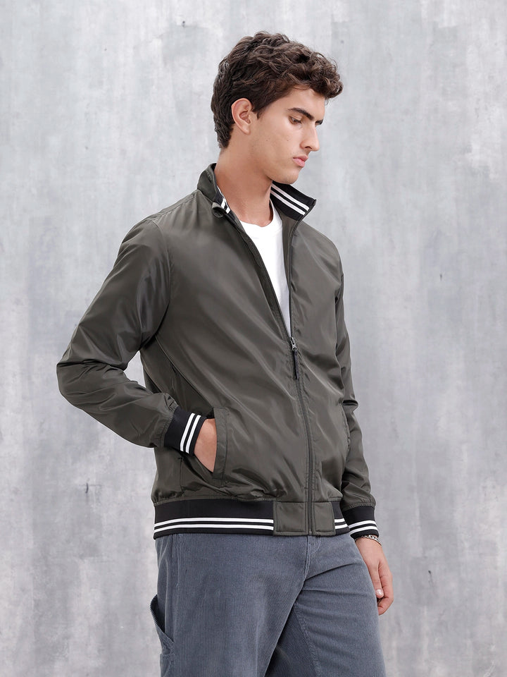 Men's Casual Zip-Up Jacket With Contrast Trim | Green