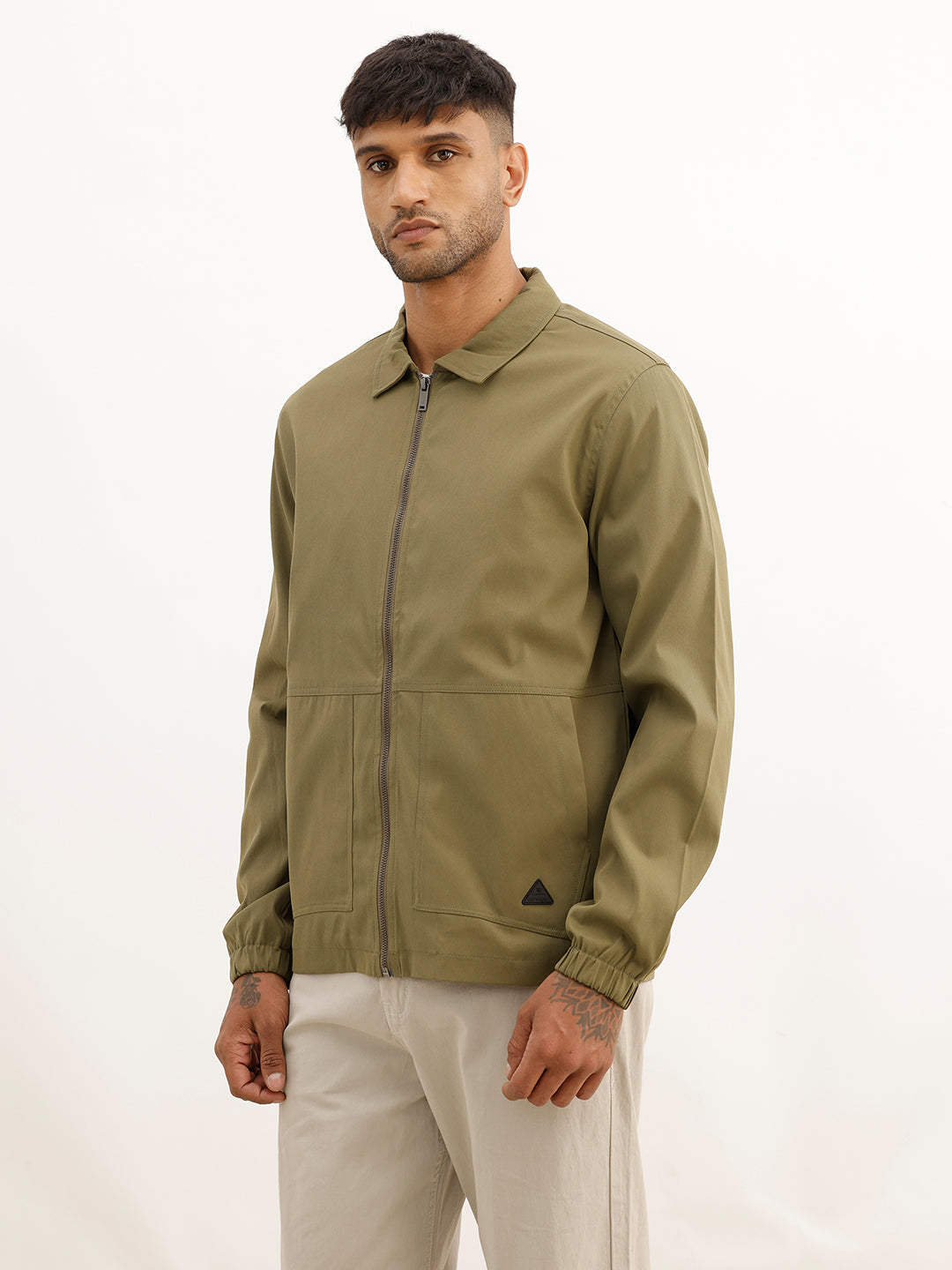 Solid Regular Fit Zipper Jacket | Olive