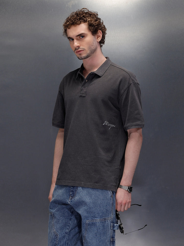 Washed Polo Neck Oversized T-Shirt With Branding | Dark Grey
