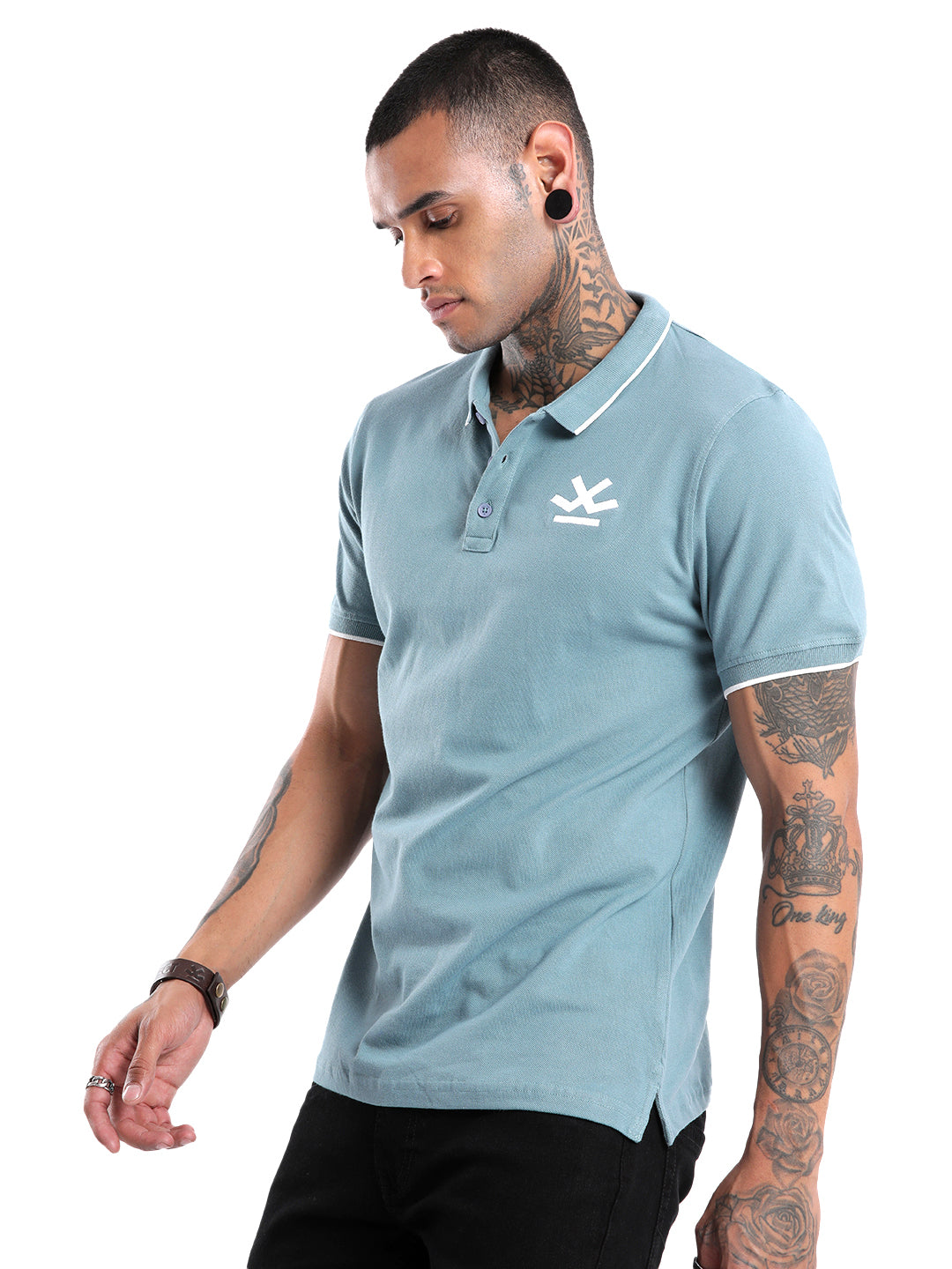 Solid Blue Logo Embroidered Polo T-Shirt