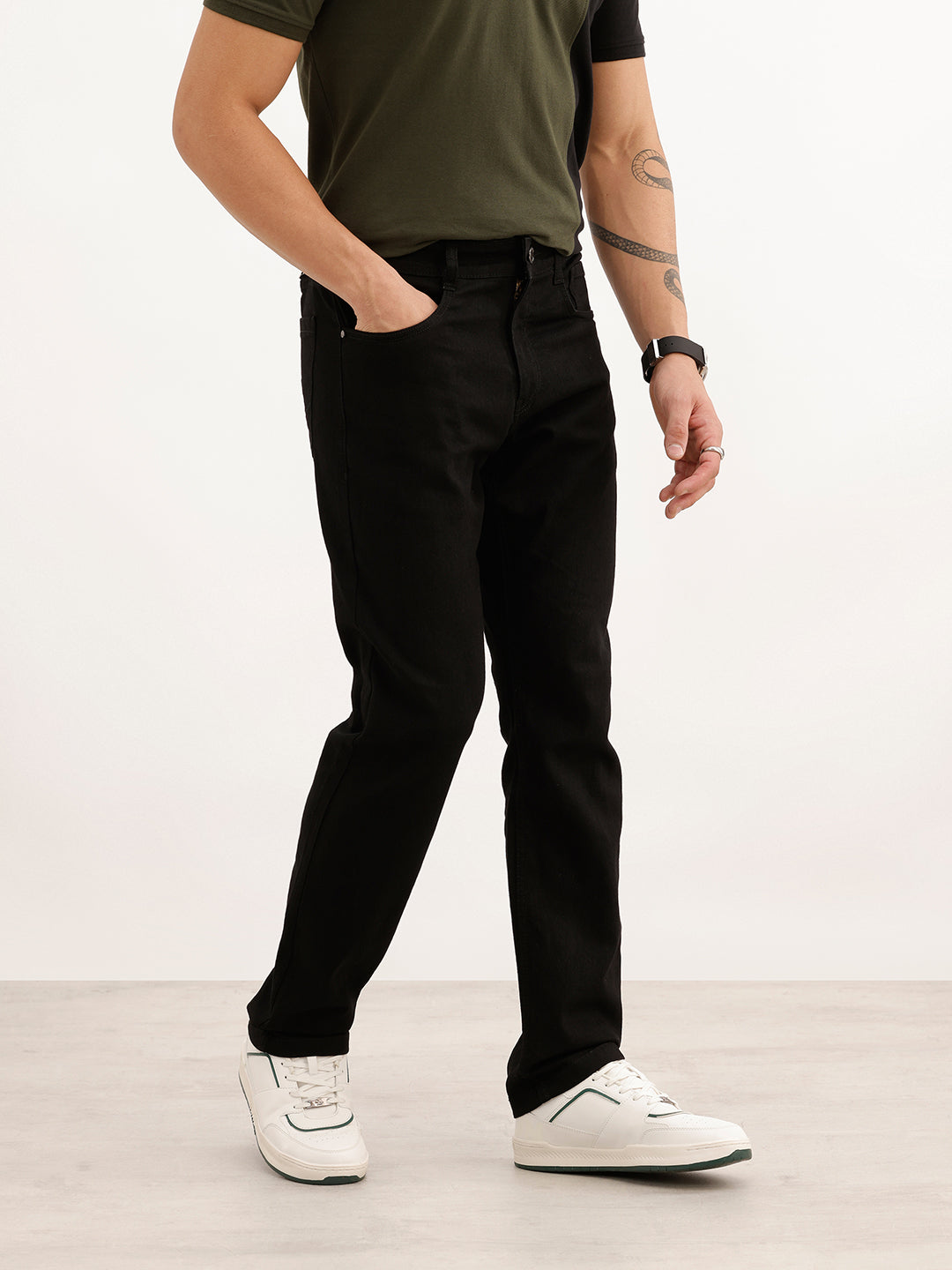 Solid Straight Fit Denim Jeans | Black