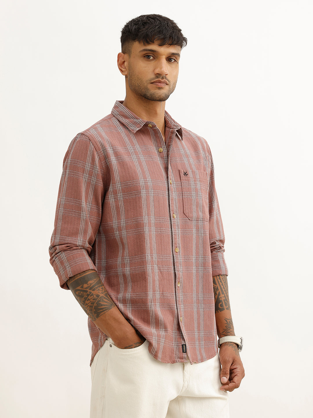 Slim Fit Checkered Full Sleeve Shirt | Rust