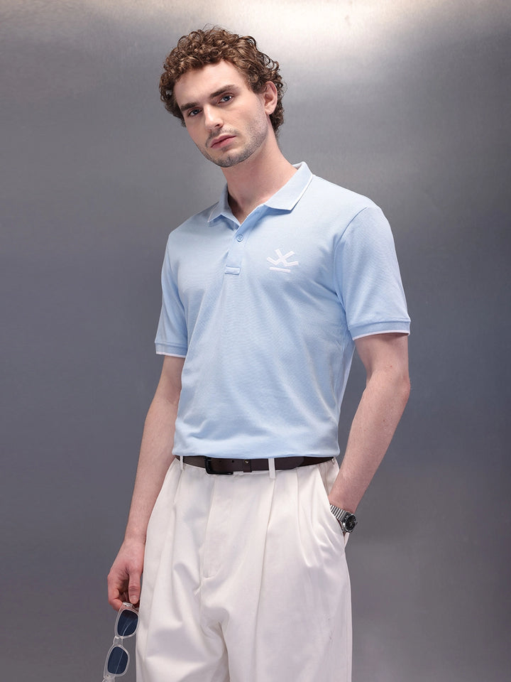 Solid Blue Logo Embroidered Polo T-Shirt