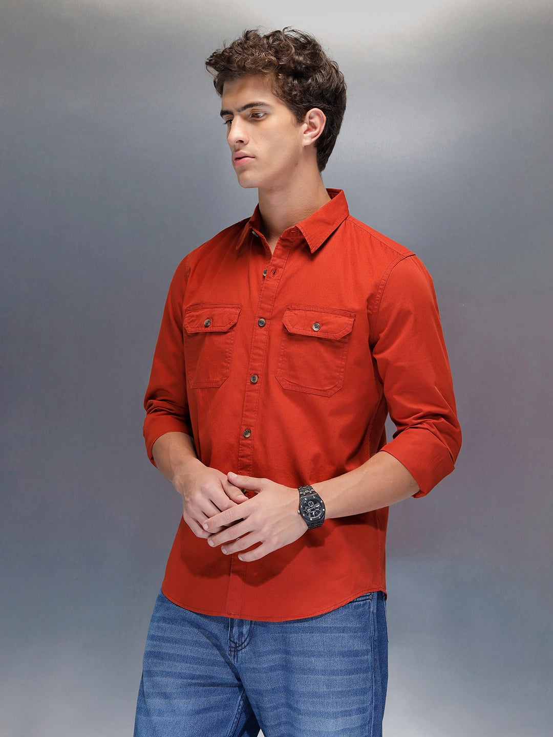 men's casual slim fit double pocket shirt Rust
