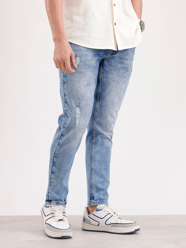 Light Distressed Skinny Crop Denim Jeans  | Blue