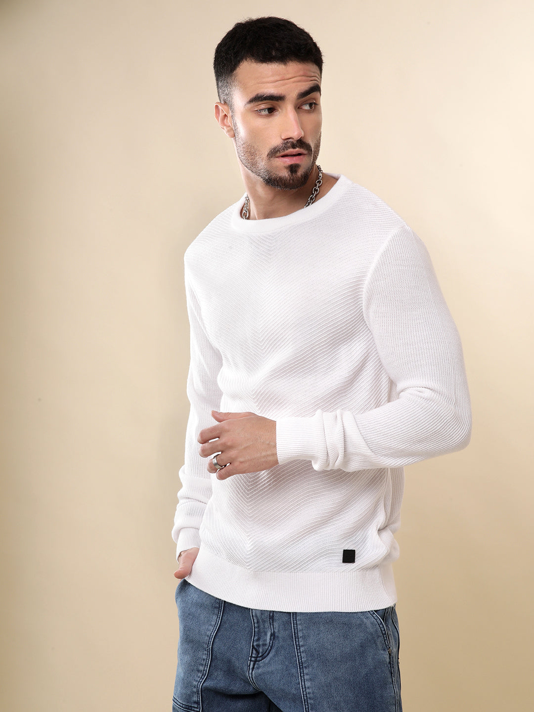 Textured White Pullover Sweater