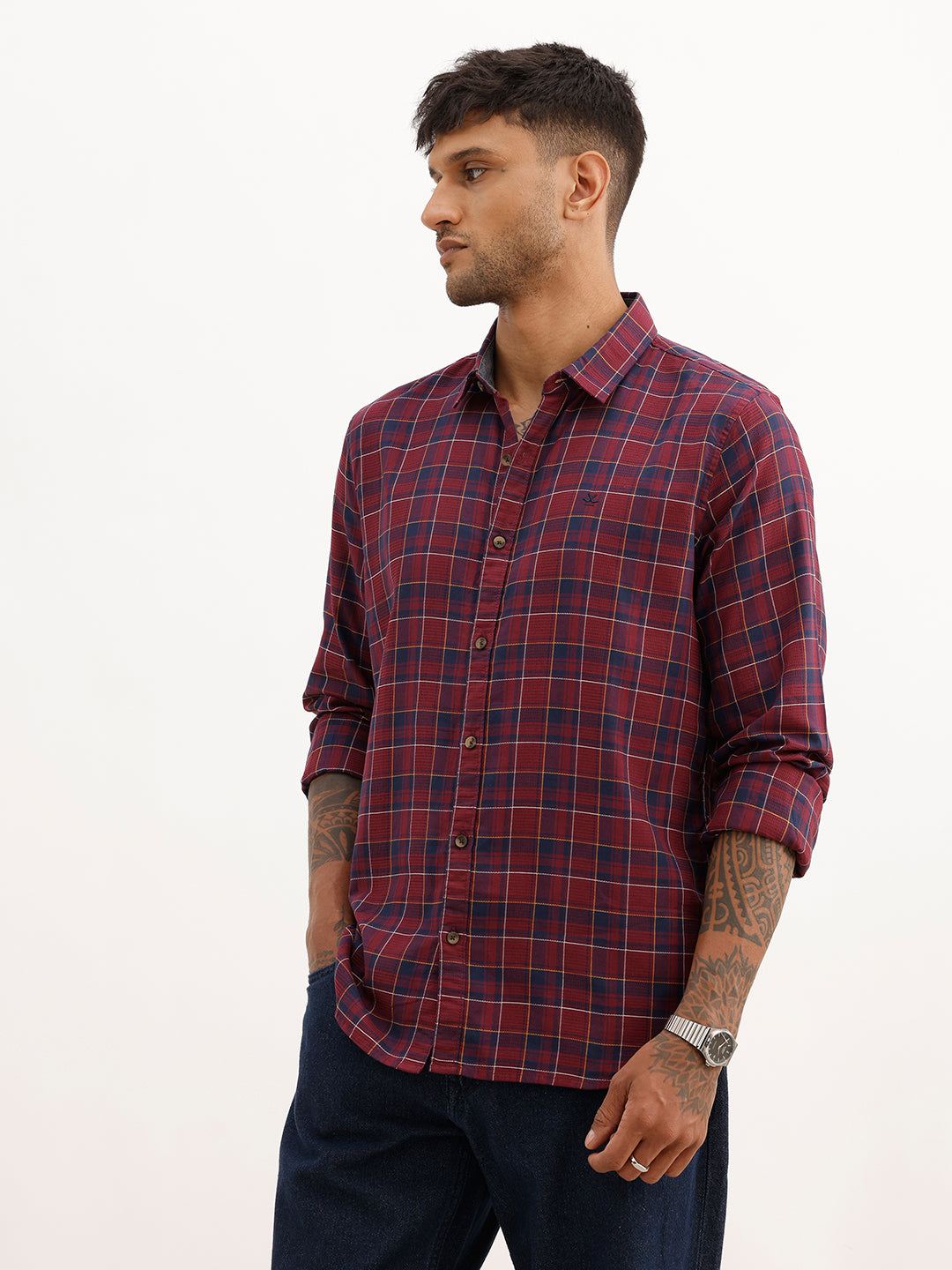 Classic Textured Checkered Shirt | Maroon | WSH02FSSL0071S