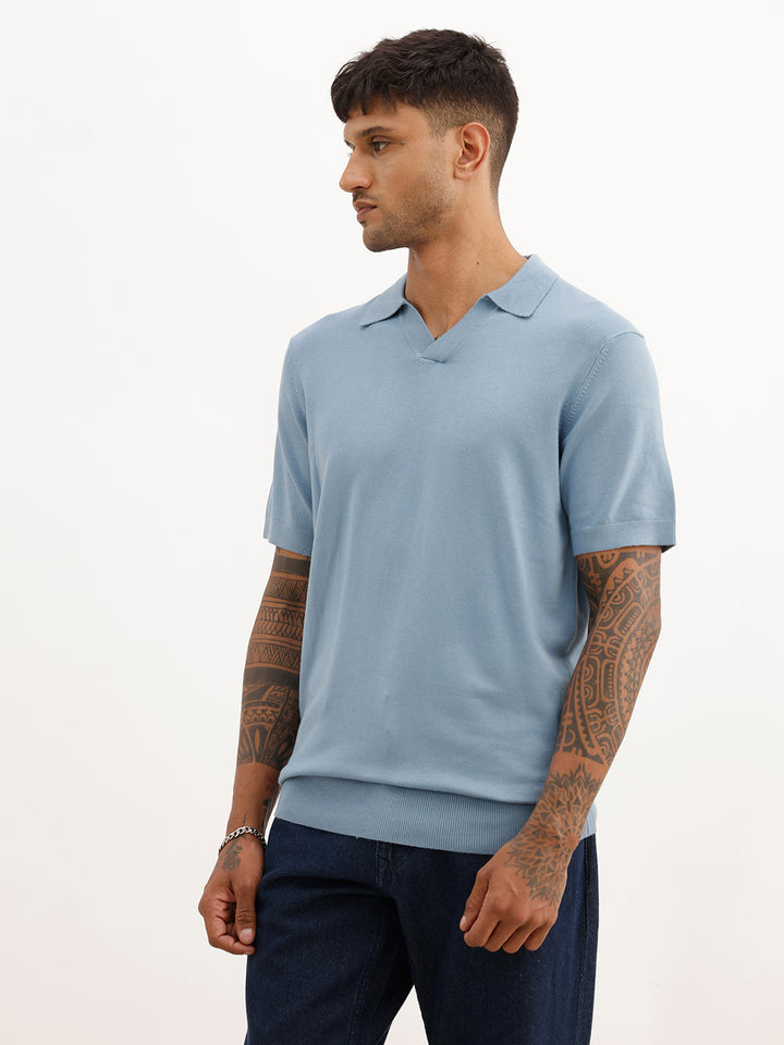 Solid Slim Fit Flatknit Polo T-Shirt | Blue