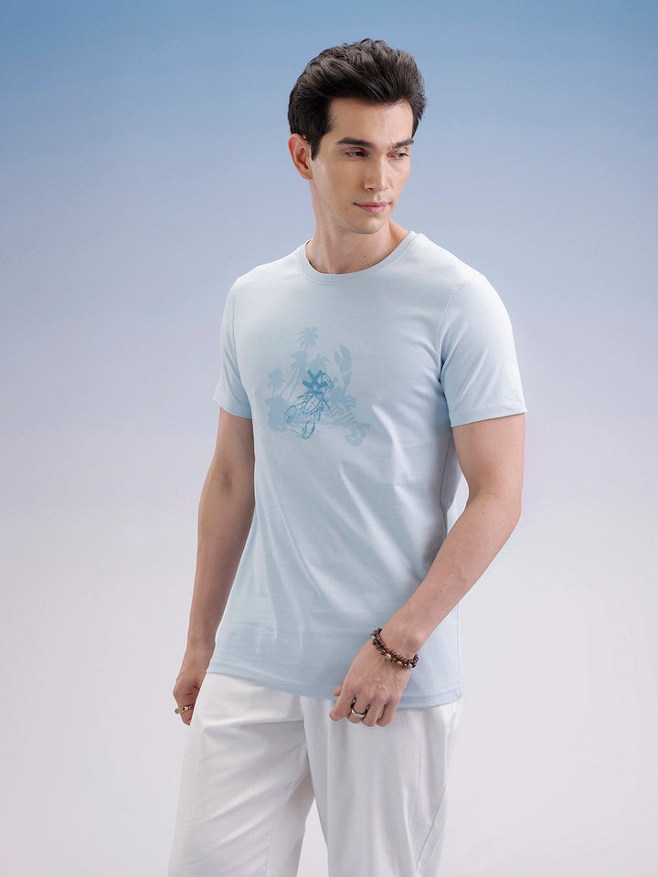 Slim Fit Flock Printed T-Shirt  | Light Blue