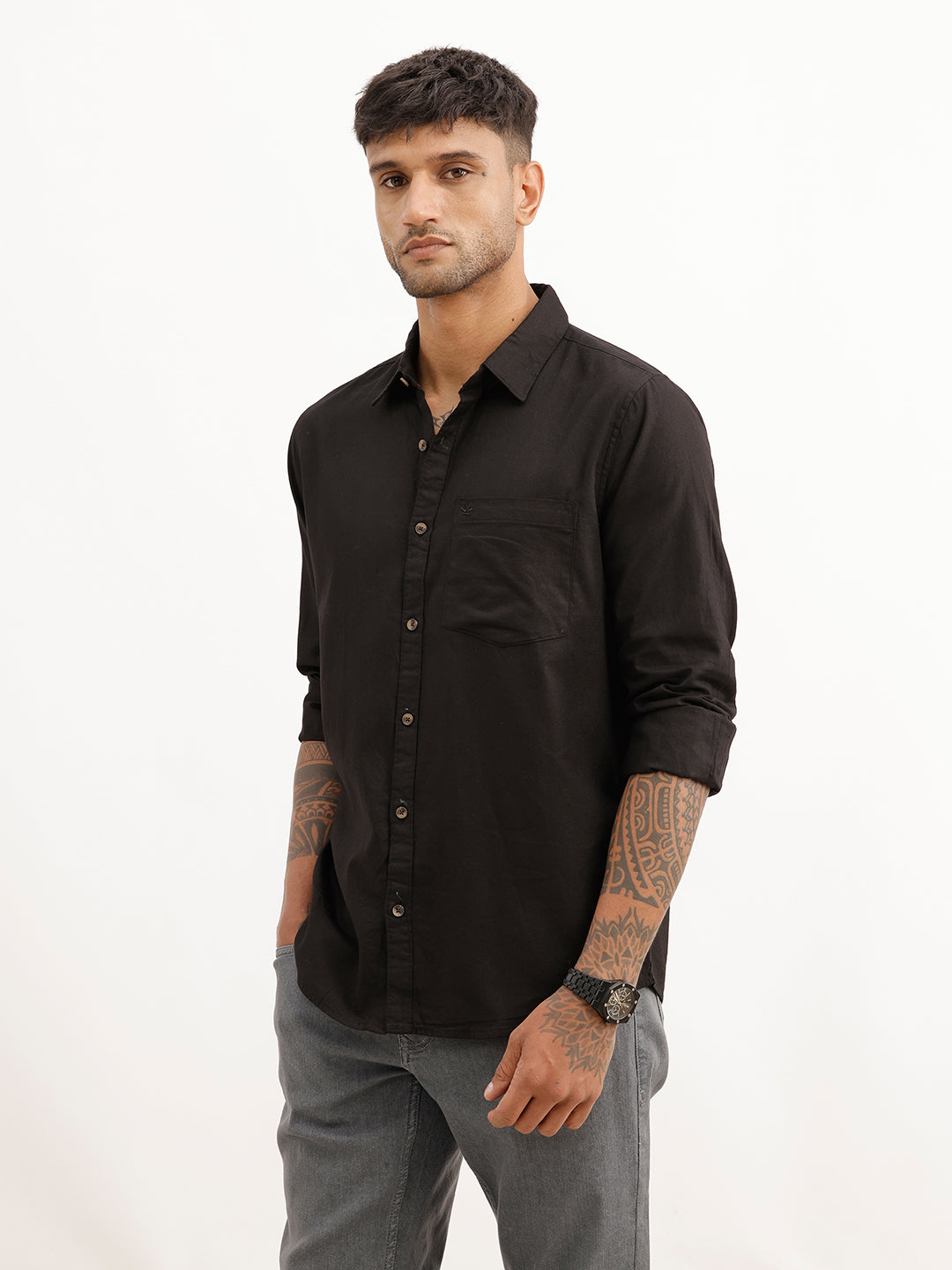 Solid Slim Fit Full Sleeve Shirt | Black