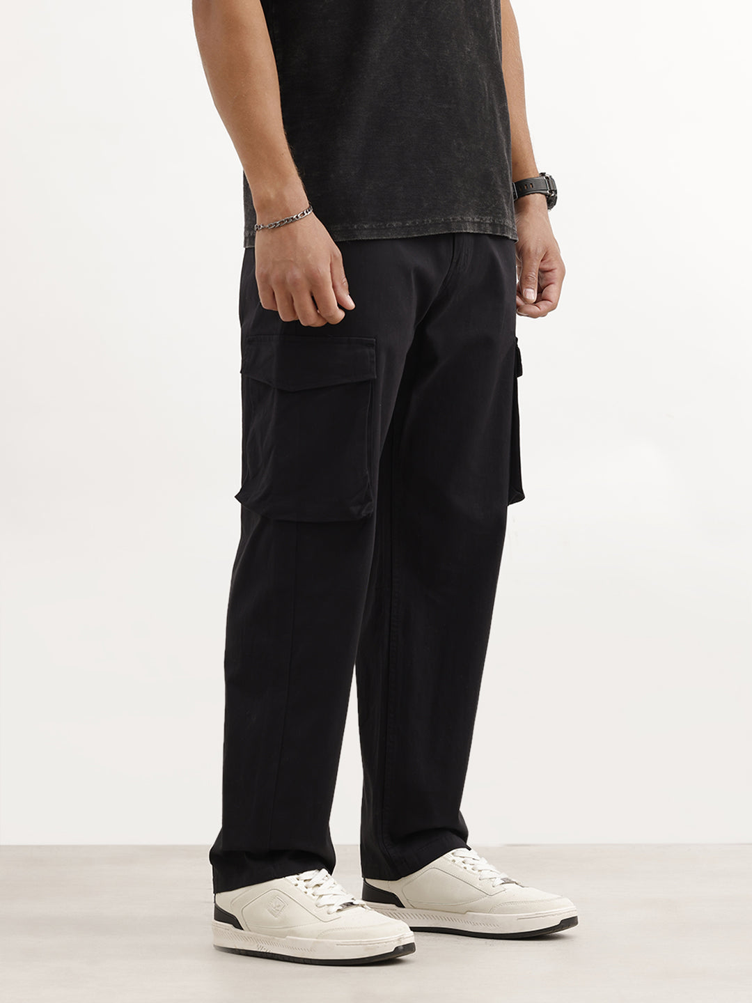 Solid Loose Fit Cargo Trouser | Black