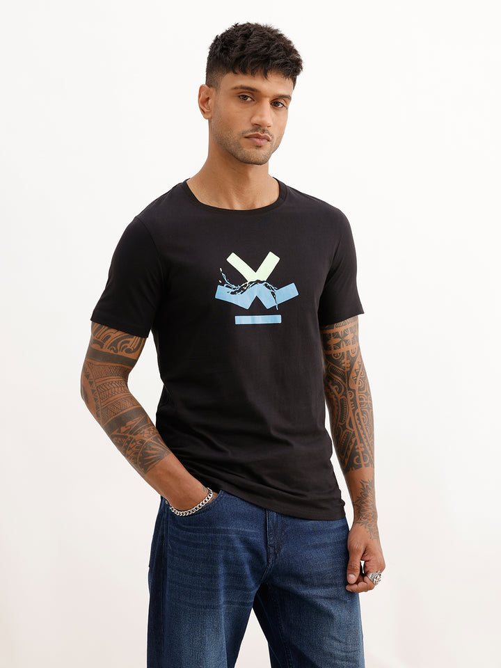 Slim Fit Placement Printed T-Shirt | Black