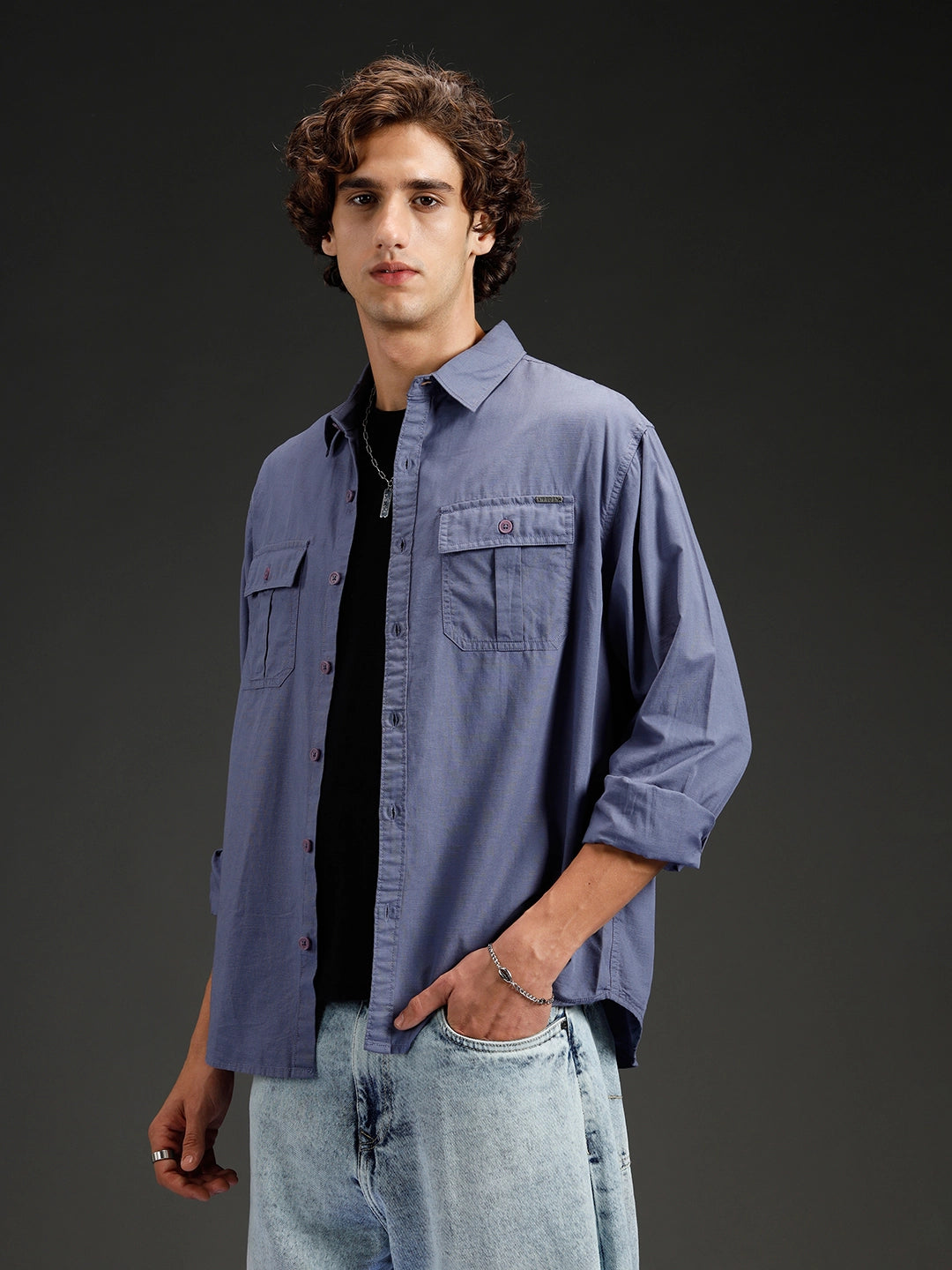 Wrogn Men's Casual Comfort Fit Double Pocket Shirt | Grey