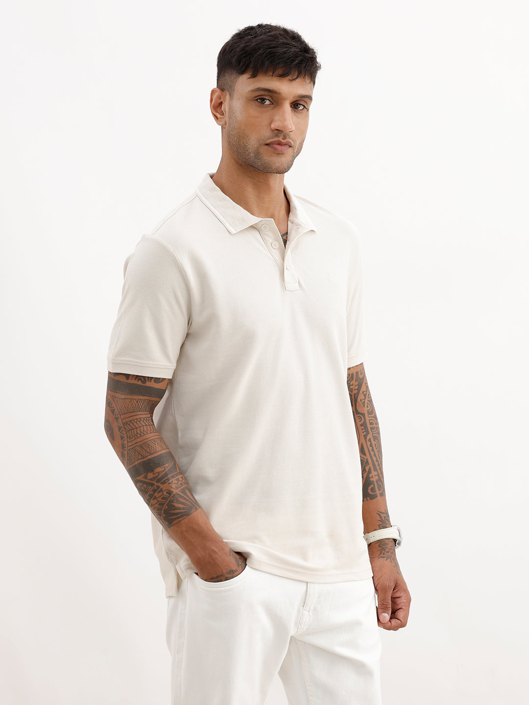 Solid Jacquard Collar Polo T-Shirt | Beige