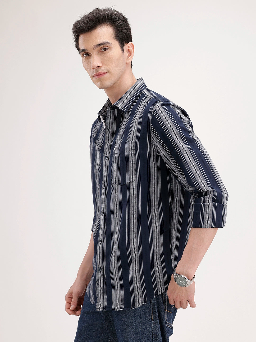 Slim Fit Textured Striped Shirt | Navy Blue