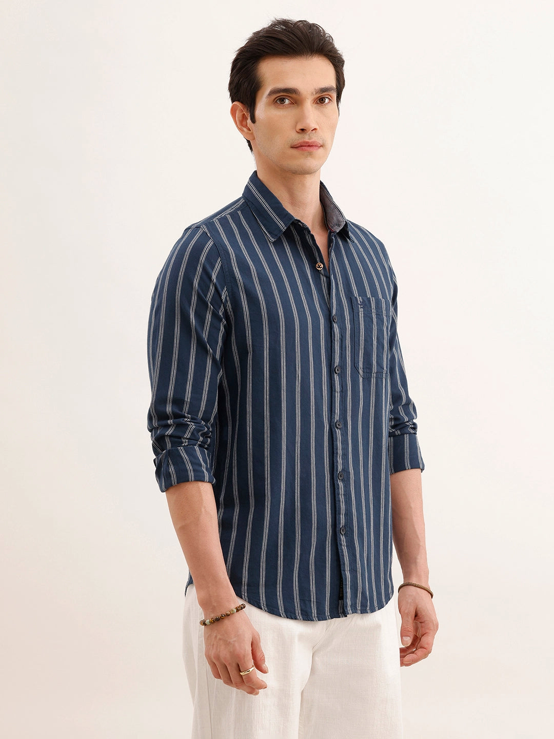 Regular Fit Full Sleeved Striped Shirt | Blue