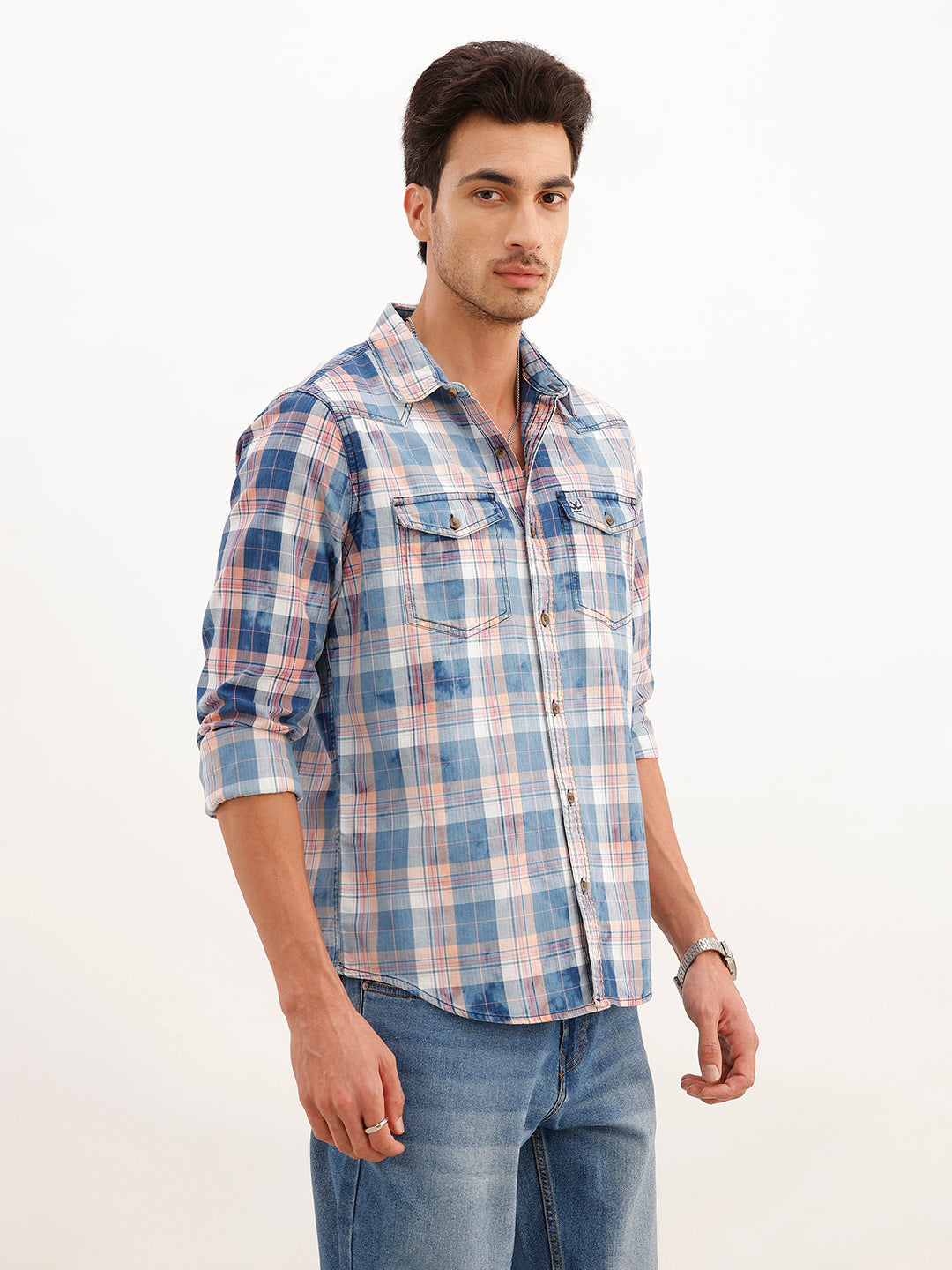 Slim Fit Washed Indigo Checkered Shirt | Blue