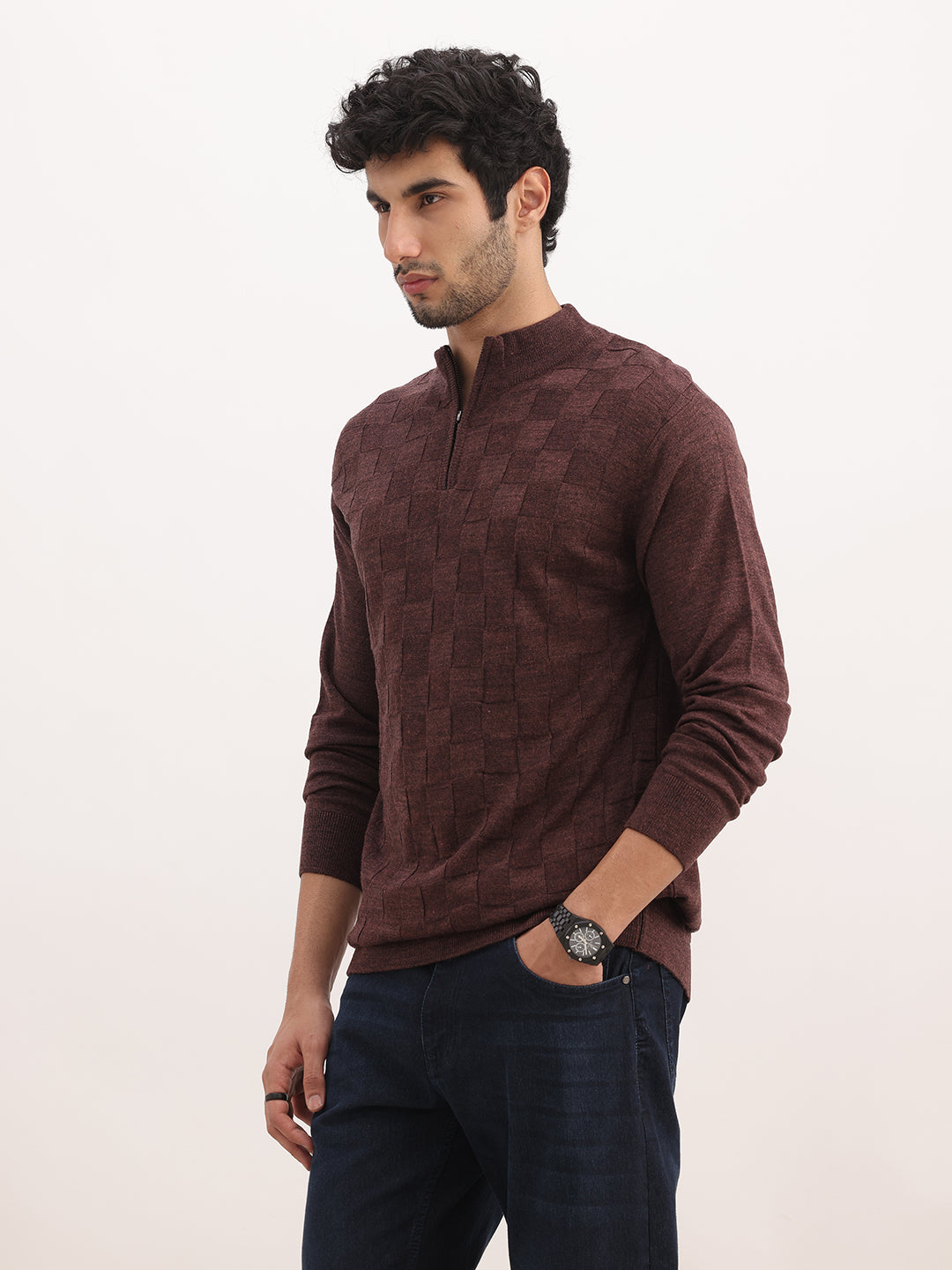 Solid Regular Fit Quater Zipper Textured Sweater | Brown