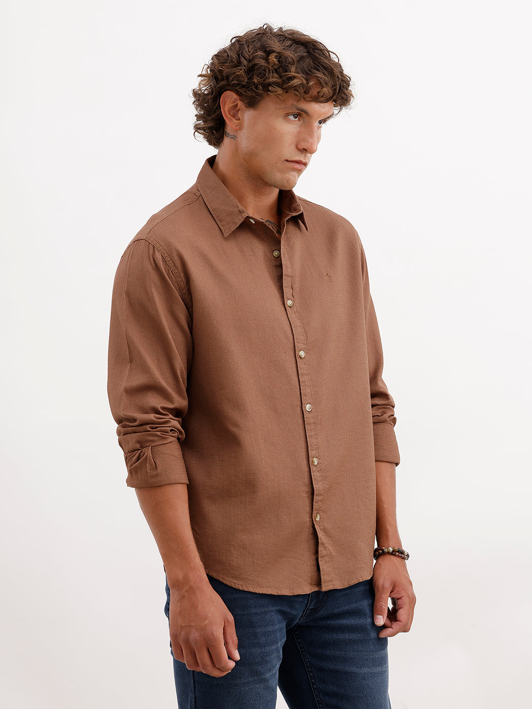 Textured Slim Fit Full Sleeve Shirt | Brown