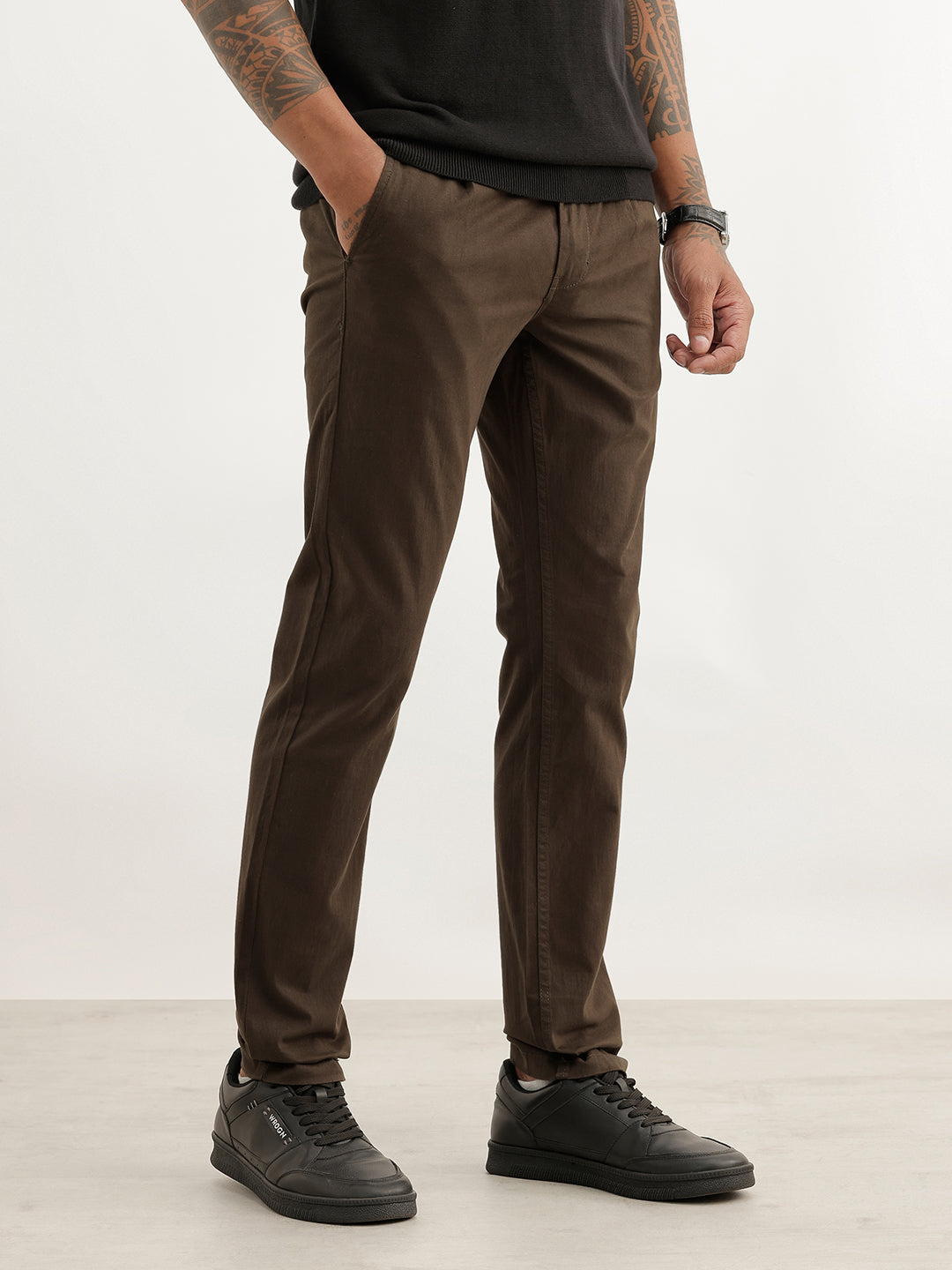 Solid Slim Fit Pleated Trouser | Olive