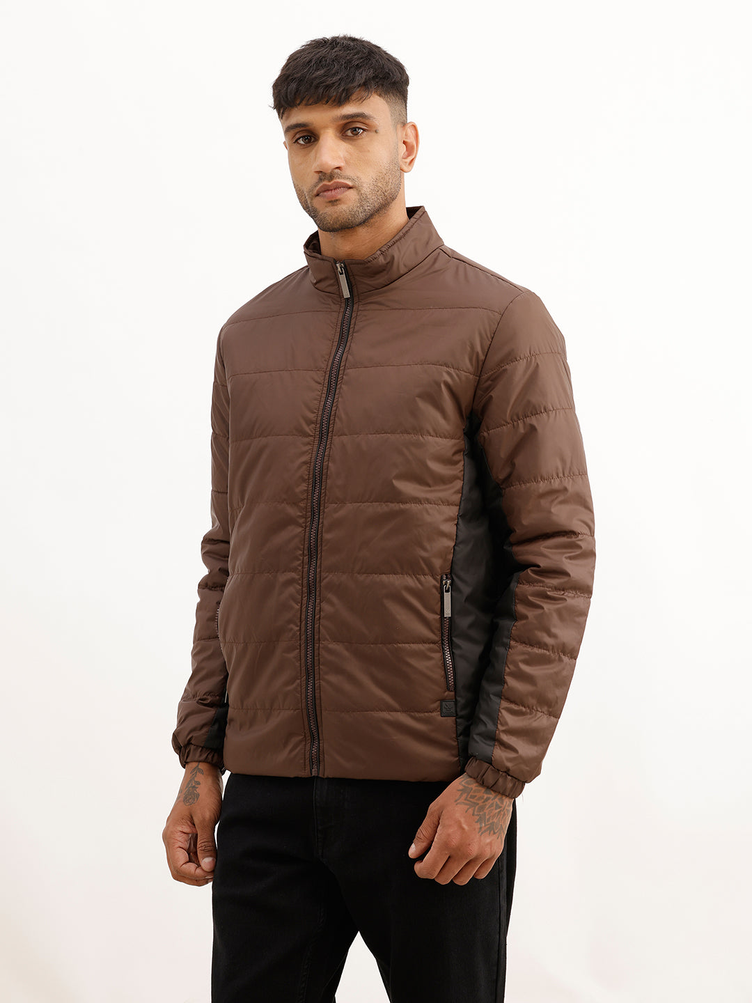 Solid Regular Fit Puffer Jacket | Brown
