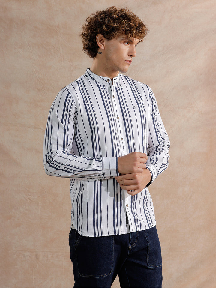Striped Mandarin Collar Shirt | White