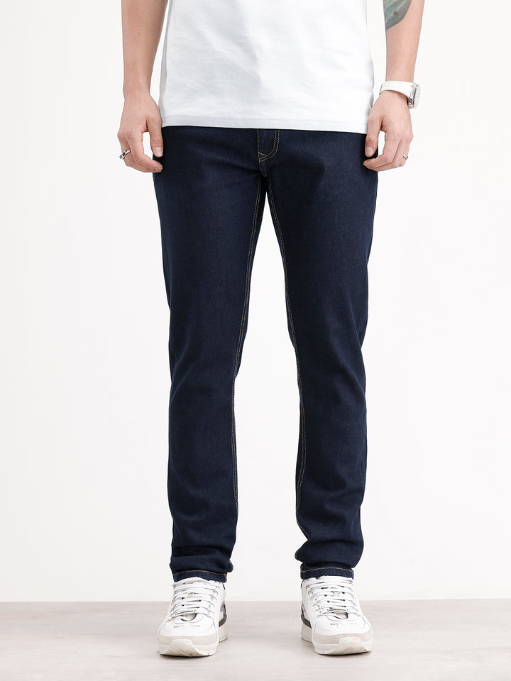 Slim Tapered Washed Denim Jeans | Dark Blue