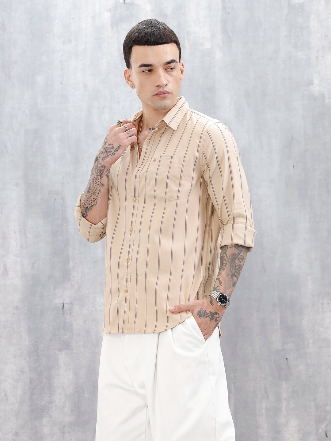 Wrogn Men’S Regular Fit Striped Shirt | Khaki