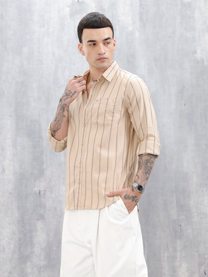 Wrogn Men’S Regular Fit Striped Shirt | Khaki