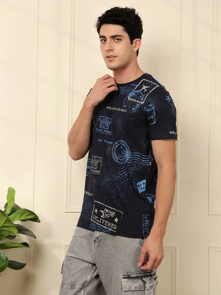 Postcards AOP Navy Blue T-Shirt