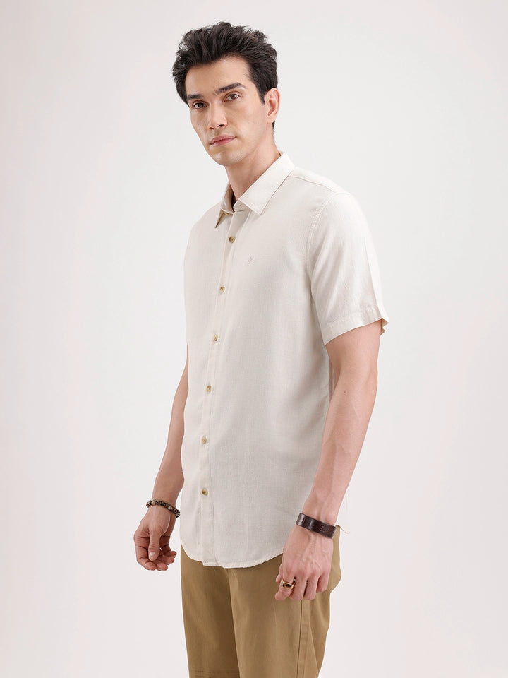 Slim Fit Half Sleeve Linen Blend Shirt  | Beige