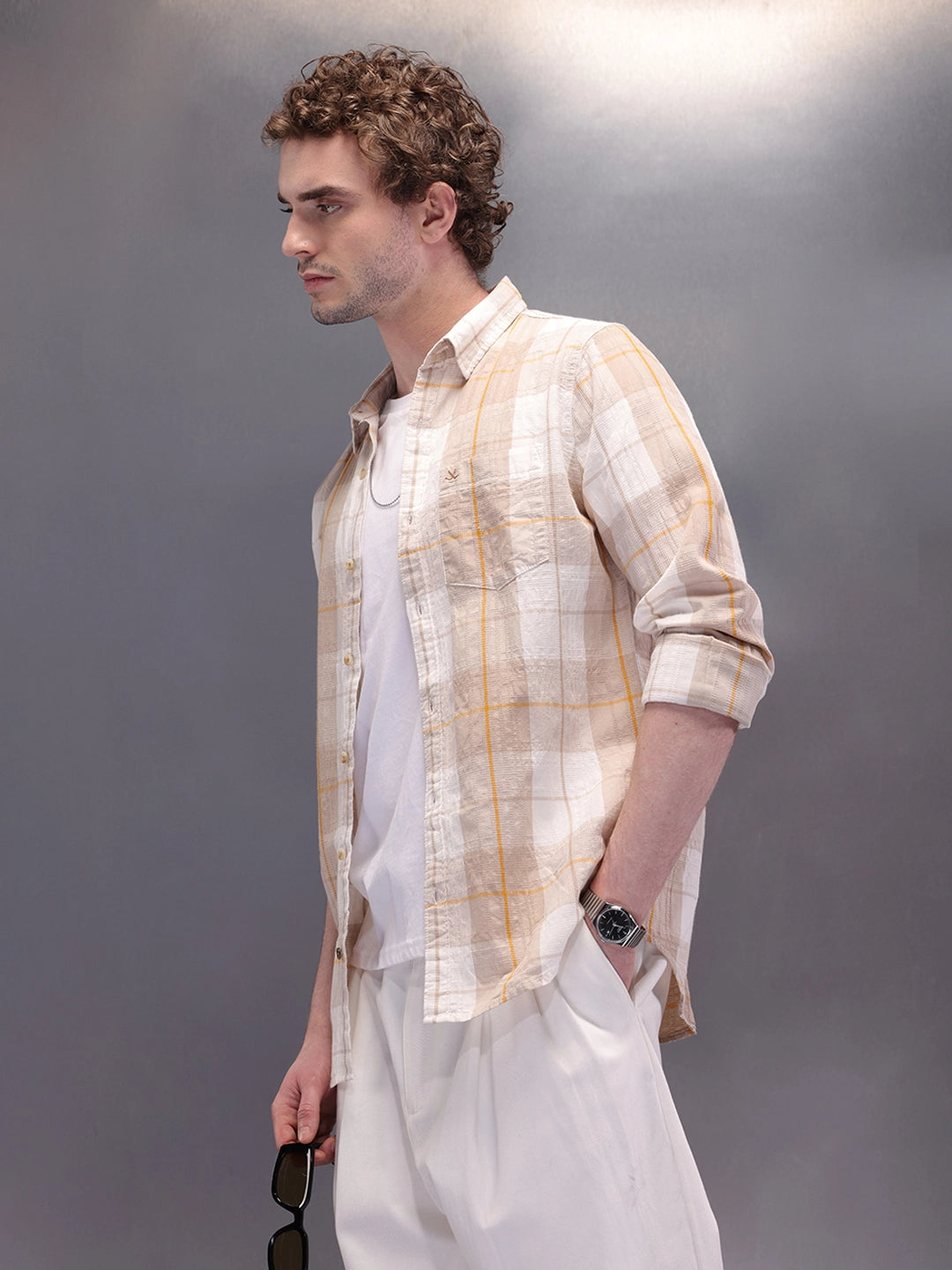 Textured Checkes Dobby Shirt  | Khaki