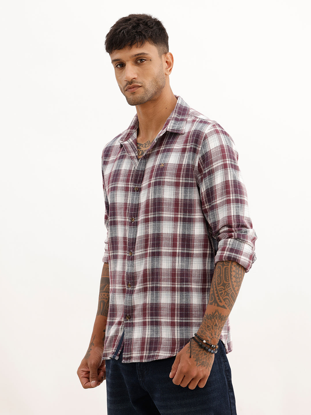 Slim Fit Checkered Full Sleeve Shirt | Maroon