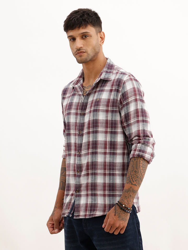 Slim Fit Checkered Full Sleeve Shirt | Maroon