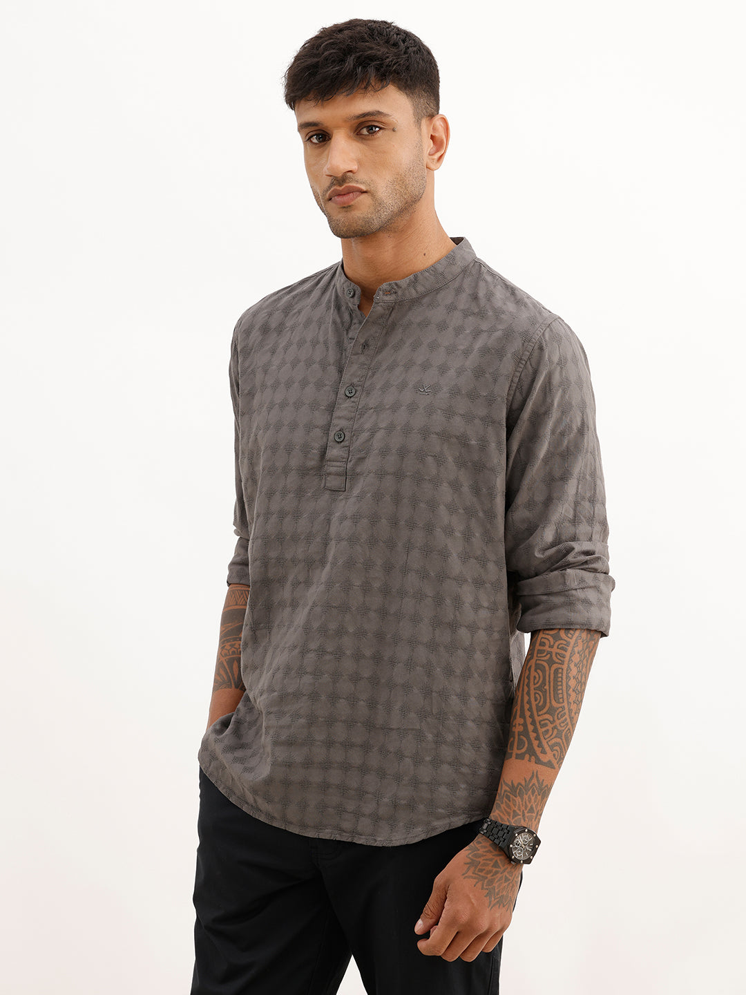 Textured Slim Fit Mandrin Collar Shirt | Grey