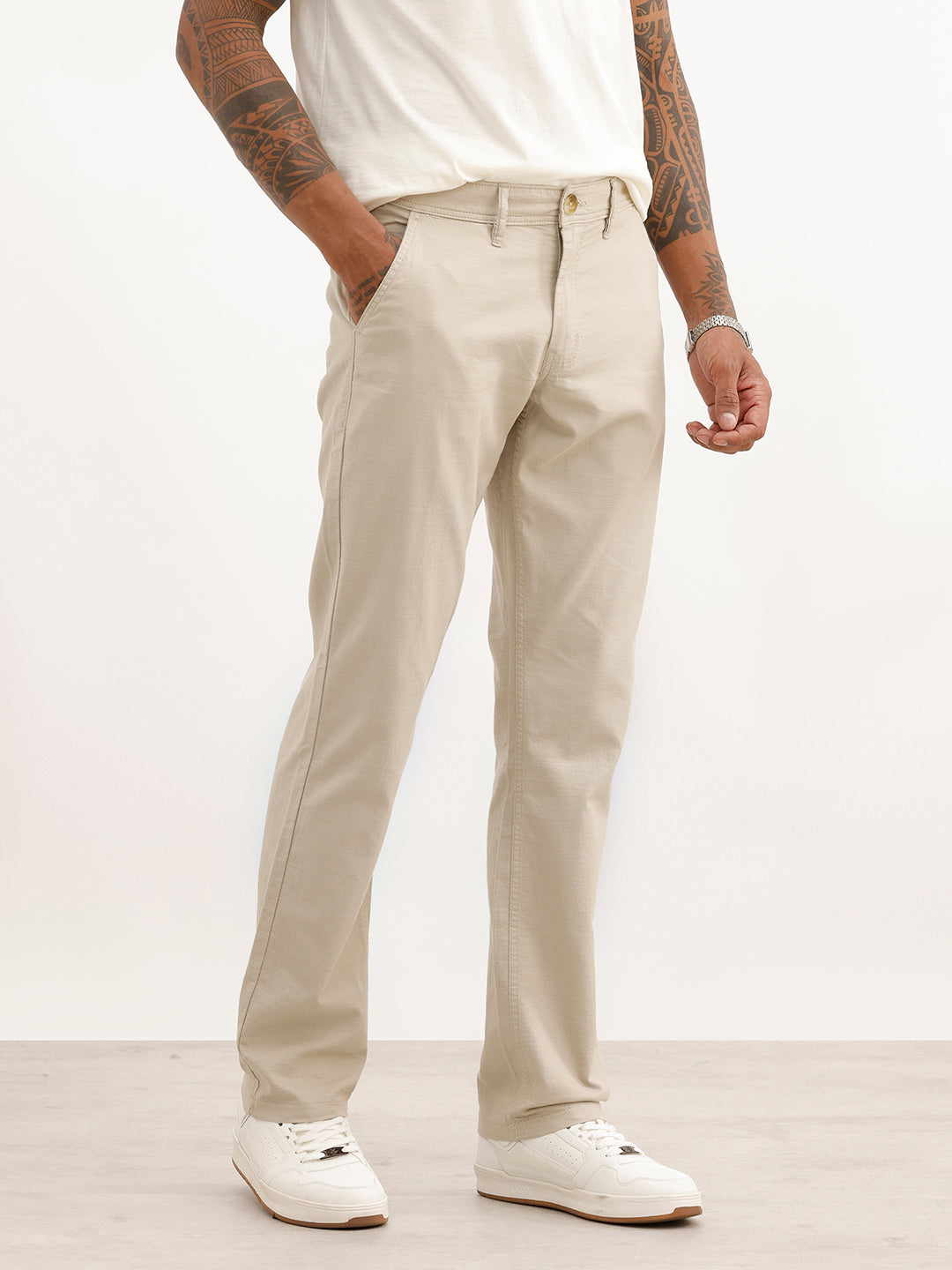 Solid Straight Fit Cotton Trousers | Off White