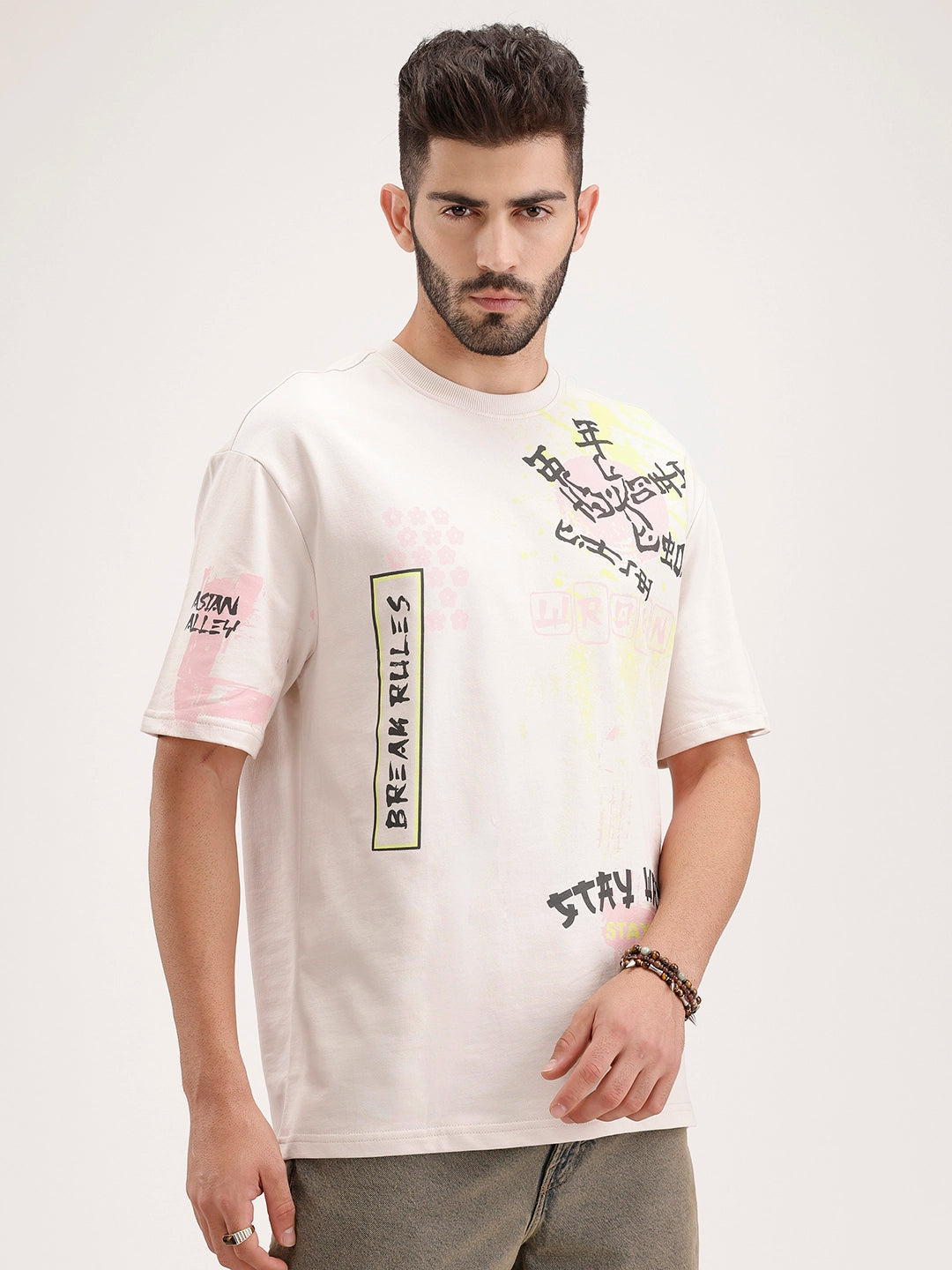 Oversized Placement Printed T-Shirt | Beige