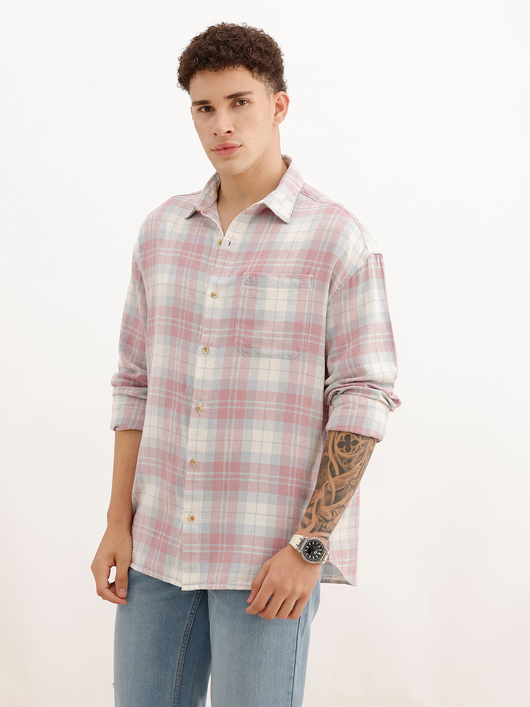 Classic Oversized Fit Checkered Shirt | Pink | WRSH1010M