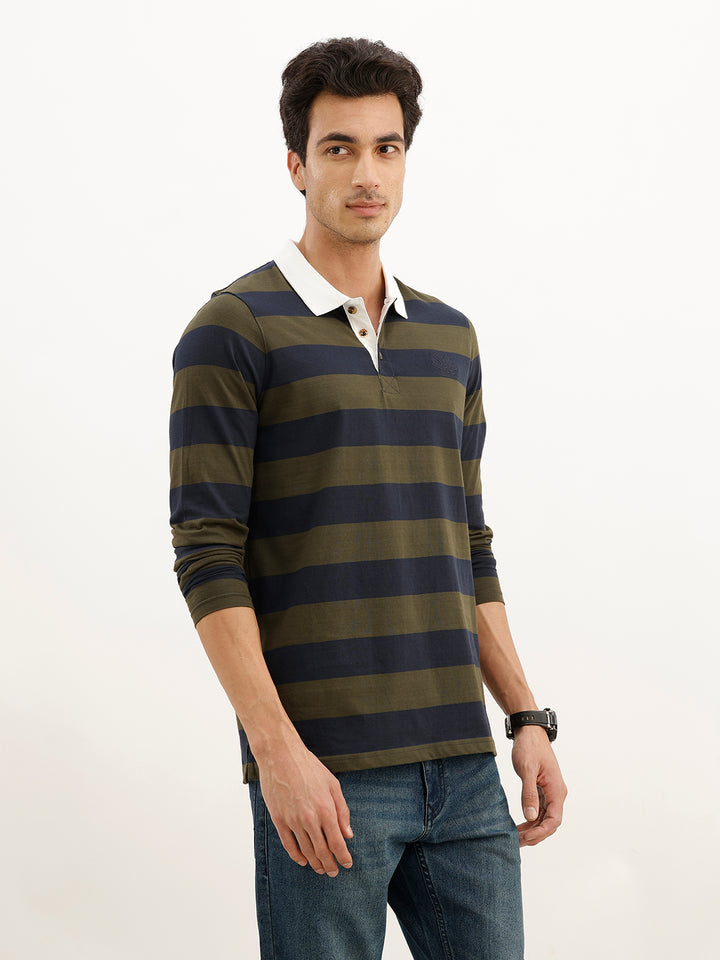 Classic Contrast Collar Full Sleeve Polo T-Shirt | Olive