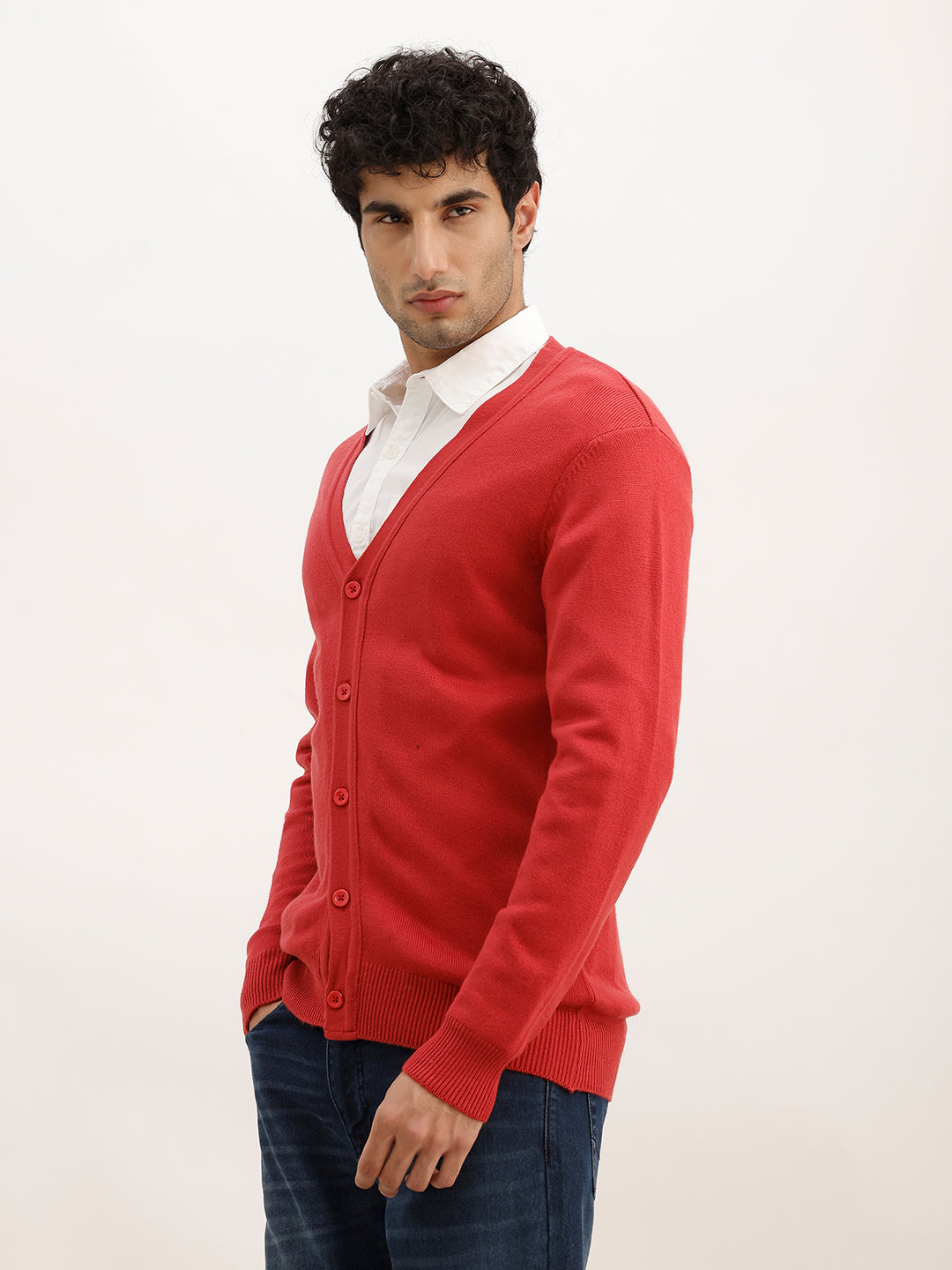 Solid Comfort Fit Cardigan Sweater | Red