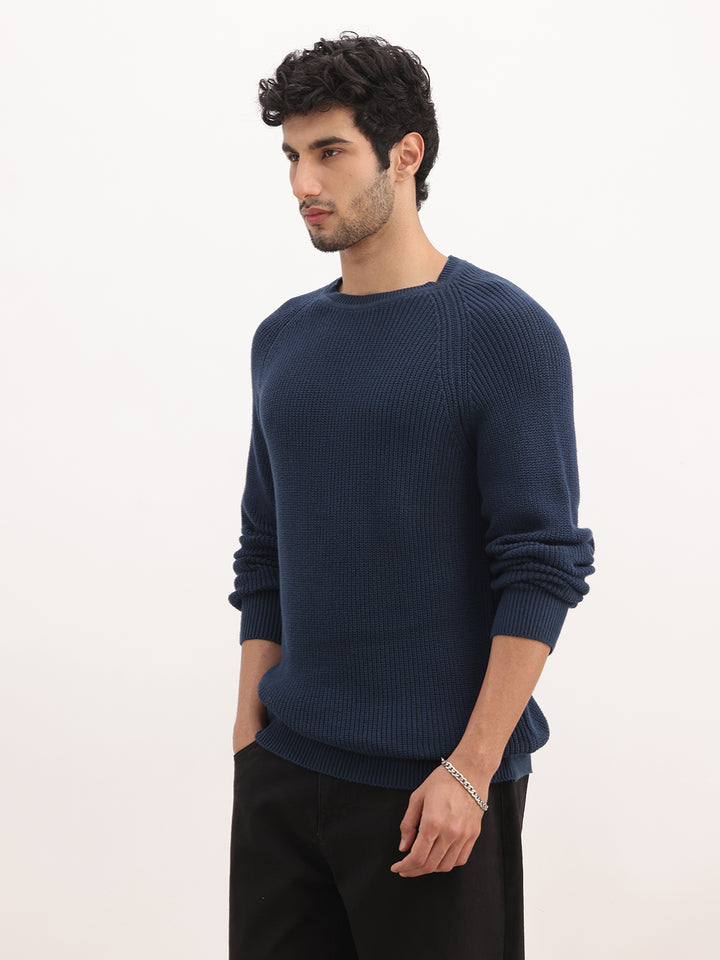 Solid Comfort Fit Knitted Sweater | Navy Blue