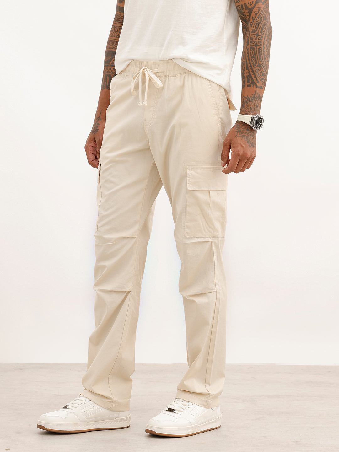 Solid Straight Fit Cargo Trouser | Beige