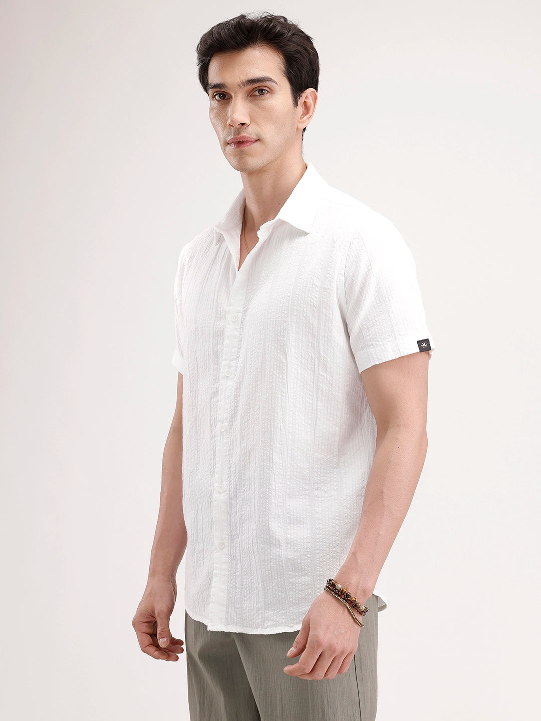 Slim Fit Textured Half Sleeve Shirt | White